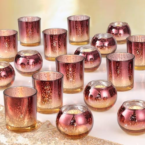 30pcs Assorted Burgundy Votive Candle Holders, Large Mercury Votives in Burgundy and Gold
