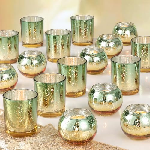 30pcs Assorted Green Votive Candle Holders Bulk, Large Glass Votives in Green and Gold