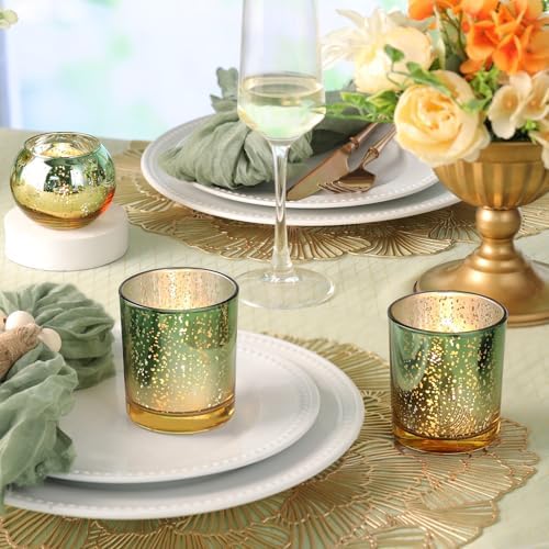 30pcs Assorted Green Votive Candle Holders Bulk, Large Glass Votives in Green and Gold, alternate view 3
