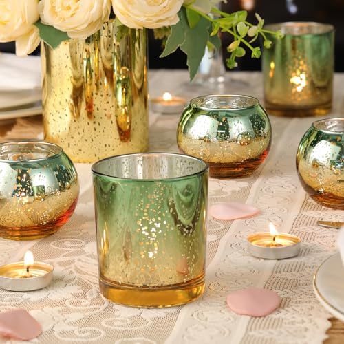 30pcs Assorted Green Votive Candle Holders Bulk, Large Glass Votives in Green and Gold, alternate view 4