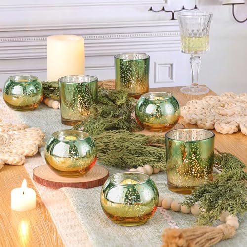 30pcs Assorted Green Votive Candle Holders Bulk, Large Glass Votives in Green and Gold, alternate view 5