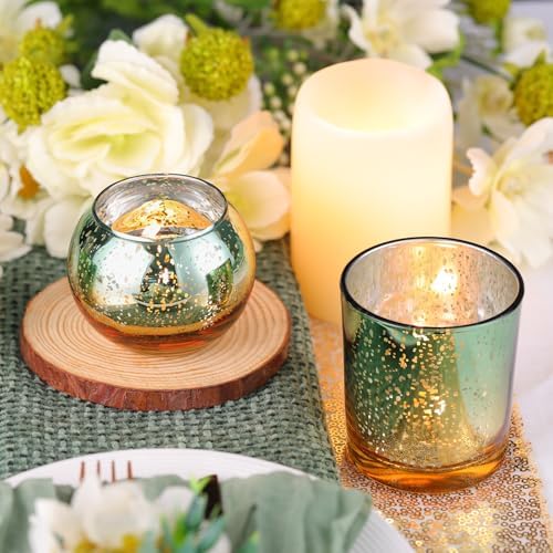 30pcs Assorted Green Votive Candle Holders Bulk, Large Glass Votives in Green and Gold, alternate view 6