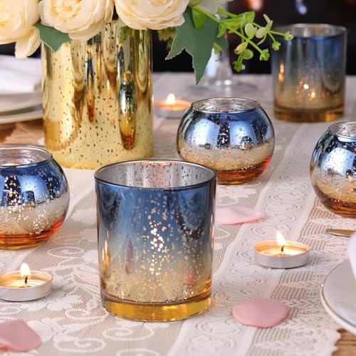 30pcs Assorted Navy Votive Candle Holders Bulk, Large Glass Votives in Navy and Gold, alternate view 2