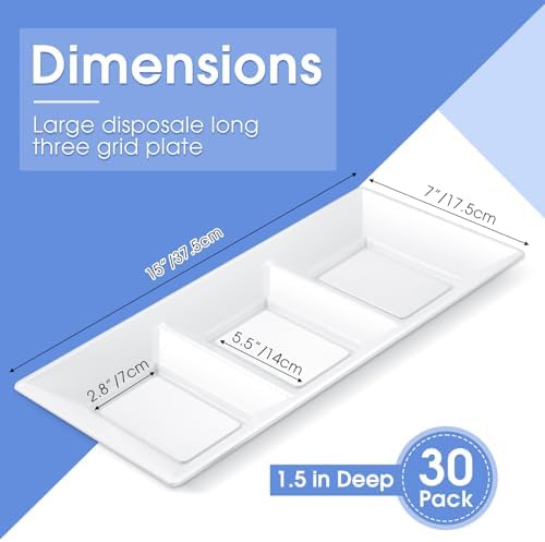 30pcs White 3 Section Serving Tray 15 x 7 in Plastic in White, alternate view 2