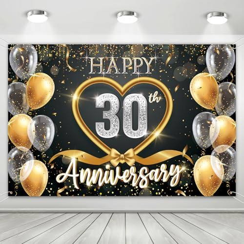 30th Anniversary Backdrop, Black Gold 30 Year Wedding Decorations Banner, Happy 30th Anniversary Party Supplies