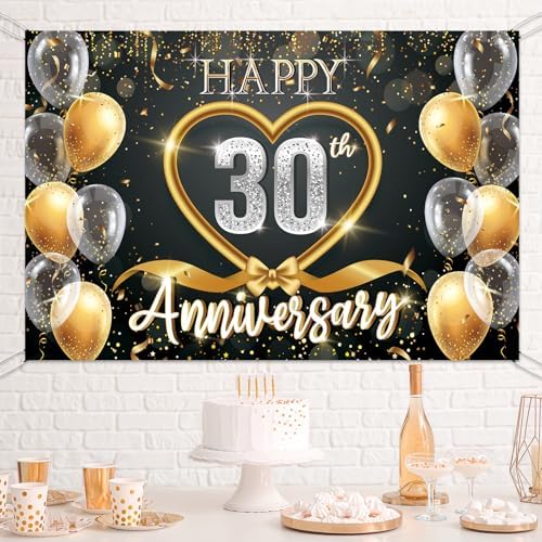 30th Anniversary Backdrop, Black Gold 30 Year Wedding Decorations Banner, Happy 30th Anniversary Party Supplies, alternate