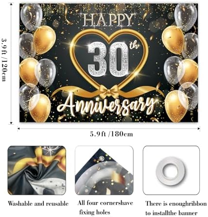 30th Anniversary Backdrop, Black Gold 30 Year Wedding Decorations Banner, Happy 30th Anniversary Party Supplies, alternate