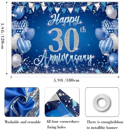 30th Anniversary Backdrop, Blue & Silver Happy 30th Wedding Anniversary Photo Background Wall Decor, Couples, alternate view