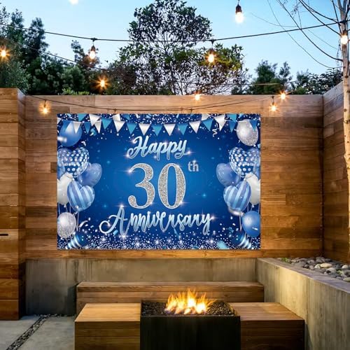 30th Anniversary Backdrop, Blue & Silver Happy 30th Wedding Anniversary Photo Background Wall Decor, Couples, alternate view