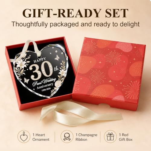 30th Anniversary Ornament - Heart Glass Wedding Gifts for Couple 2026 in Silver - 30th Anniversary, alternate view 3