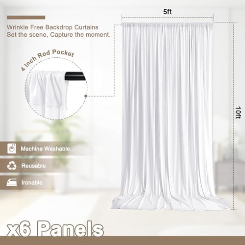 30x10 FT Wrinkle Free White Backdrop Curtains for Wedding Parties, Soft Polyester Photo Backdrop Curtains with 4, alternate