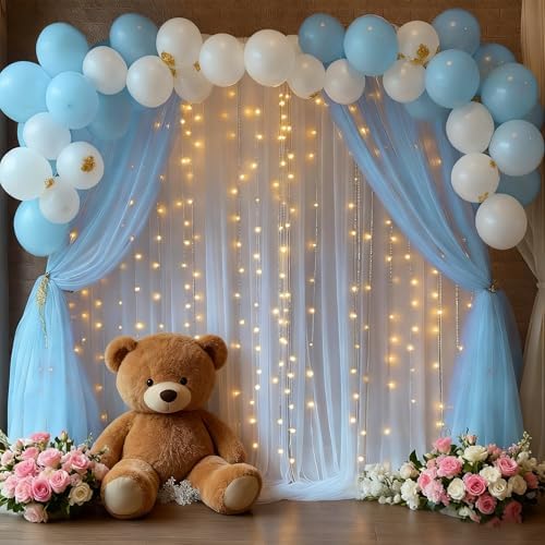 30x10ft Baby Blue Tulle Backdrop Curtain with Lights String for Parites, Sheer Photo Backdrop Curtains with