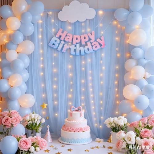 30x10ft Baby Blue Tulle Backdrop Curtain with Lights String for Parites, Sheer Photo Backdrop Curtains with, alternate view 3