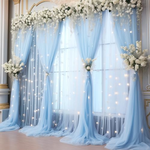 30x10ft Baby Blue Tulle Backdrop Curtain with Lights String for Parites, Sheer Photo Backdrop Curtains with, alternate view 4