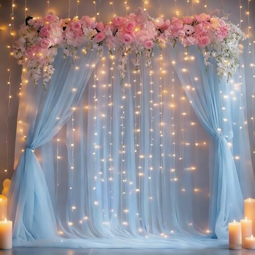 30x10ft Baby Blue Tulle Backdrop Curtain with Lights String for Parites, Sheer Photo Backdrop Curtains with, alternate view 6