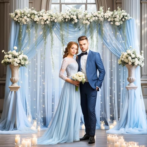 30x10ft Baby Blue Tulle Backdrop Curtain with Lights String for Parites, Sheer Photo Backdrop Curtains with, alternate view 7