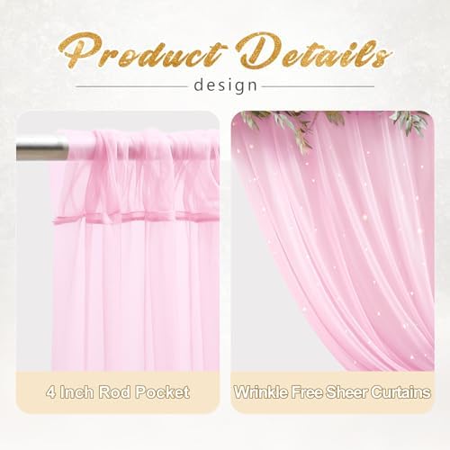 30x10ft Baby Pink Tulle Backdrop Curtain with Lights String for Parites, Sheer Photo Backdrop Curtains with, alternate view 2