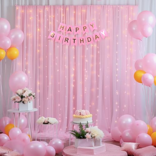 30x10ft Baby Pink Tulle Backdrop Curtain with Lights String for Parites, Sheer Photo Backdrop Curtains with, alternate view 3