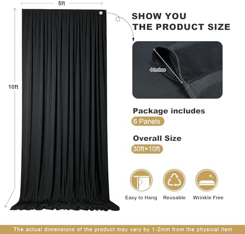 30x10ft Black Backdrop Curtains for Parties, 6 Panels 5x10ft Wrinkle-Free Polyester Background Curtains for, alternate view 5