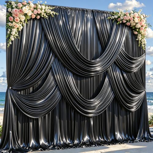 30x10ft Black Glitter Backdrop Curtain for Parties, Wrinkle Free Satin Photo Backdrop Drapes 6 Panels 5x10FT