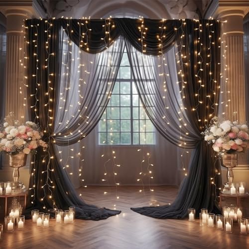 30x10ft Black Tulle Backdrop Curtain with Lights String for Parites, Sheer Photo Backdrop Curtains with Lights, alternate