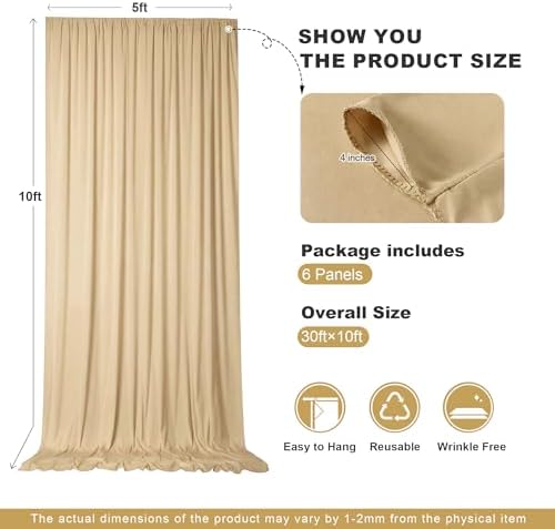 30x10ft Champagne Backdrop Curtains for Parties, 6 Panels 5x10ft Wrinkle-Free Polyester Background Curtains for, alternate