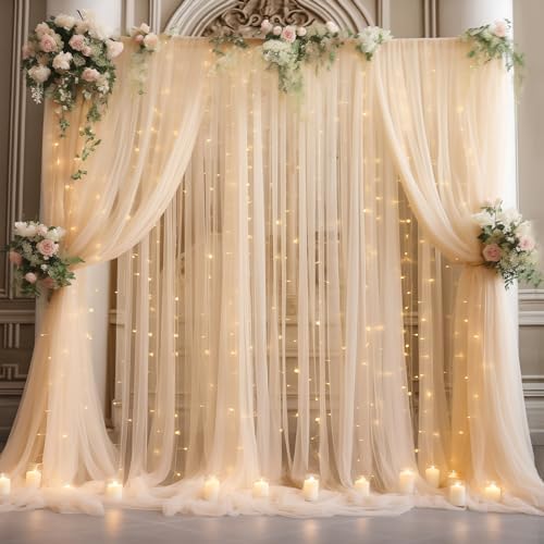 30x10ft Champagne Tulle Backdrop Curtain with Lights String for Parites, Sheer Photo Backdrop Curtains with