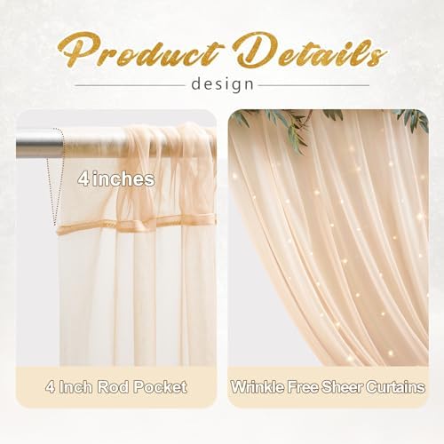 30x10ft Champagne Tulle Backdrop Curtain with Lights String for Parites, Sheer Photo Backdrop Curtains with, alternate view 2