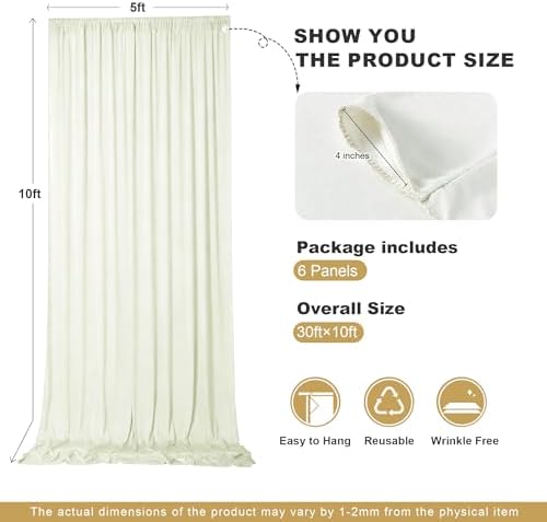 30x10ft Ivory Backdrop Curtains for Parties, 6 Panels 5x10ft Wrinkle-Free Polyester Background Curtains for, alternate view 4