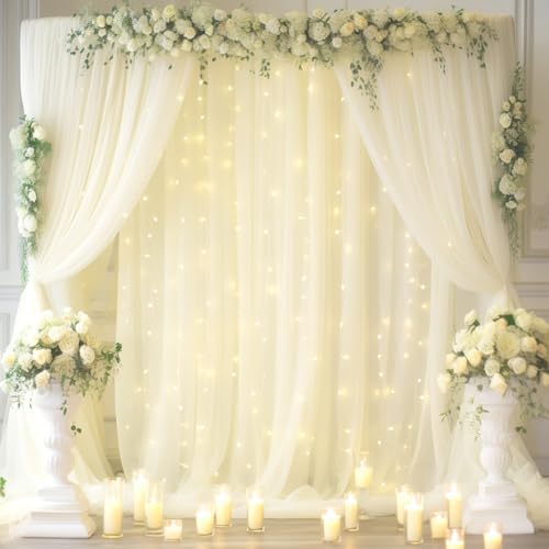 30x10ft Ivory Tulle Backdrop Curtain with Lights String for Parites, Sheer Backdrop Curtains for Wedding Baby