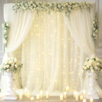 30x10ft Ivory Tulle Backdrop Curtain with Lights String for Parites, Sheer Backdrop Curtains for Wedding Baby
