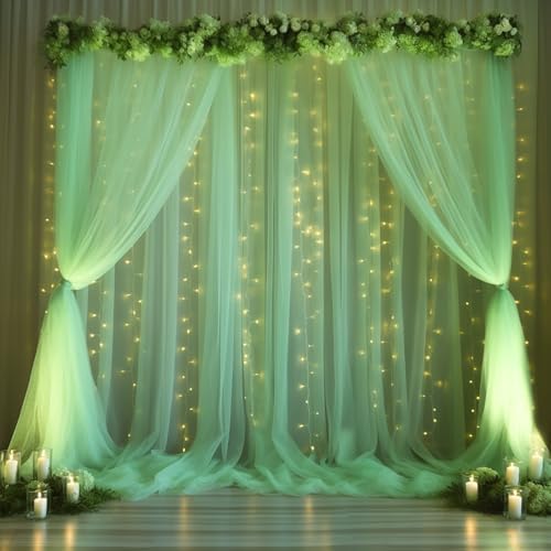 30x10ft Olive Green Tulle Backdrop Curtain with Lights String for Parites, Sheer Backdrop Curtains for Wedding