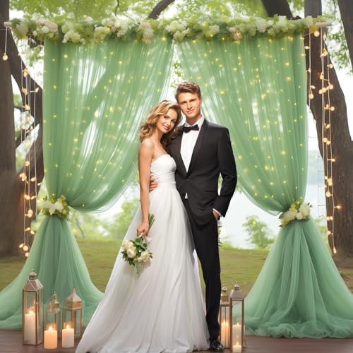 30x10ft Olive Green Tulle Backdrop Curtain with Lights String for Parites, Sheer Backdrop Curtains for Wedding, alternate