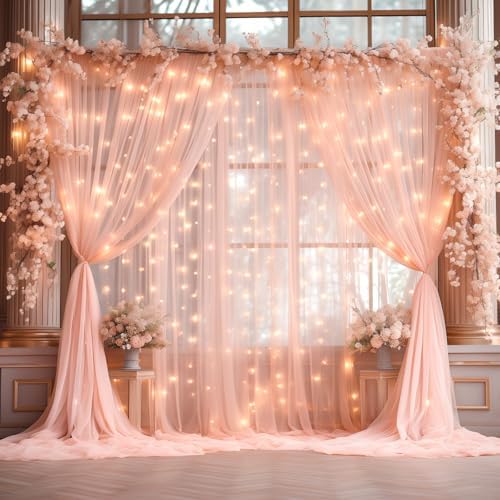 30x10ft Peach Tulle Backdrop Curtain with Lights String for Parites, Sheer Photo Backdrop Curtains with Lights