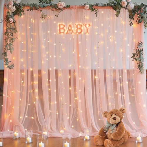 30x10ft Peach Tulle Backdrop Curtain with Lights String for Parites, Sheer Photo Backdrop Curtains with Lights, alternate