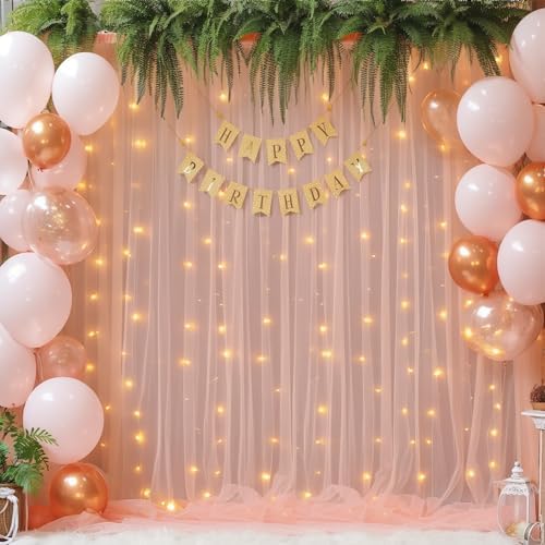 30x10ft Peach Tulle Backdrop Curtain with Lights String for Parites, Sheer Backdrop Curtains for Wedding Baby, alternate view