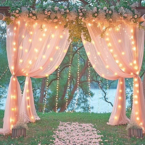 30x10ft Peach Tulle Backdrop Curtain with Lights String for Parites, Sheer Backdrop Curtains for Wedding Baby, alternate view