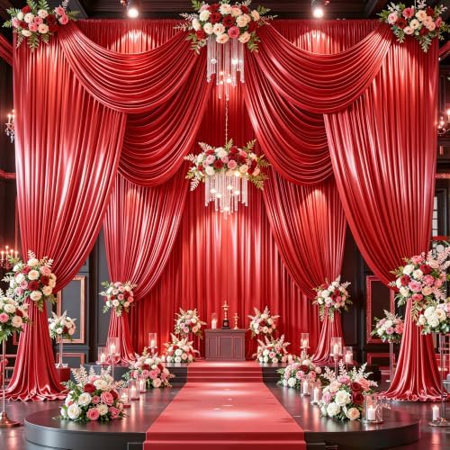 30x10ft Red Glitter Backdrop Curtain for Parties, Wrinkle Free Satin Photo Backdrop Drapes 6 Panels 5x10FT, alternate view 3