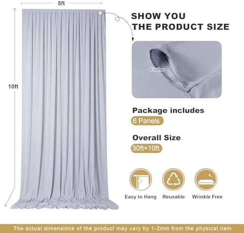 30x10ft Silver Backdrop Curtains for Parties, 6 Panels 5x10ft Wrinkle-Free Polyester Background Curtains for, alternate view