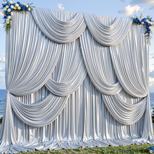 30x10ft Silver Glitter Backdrop Curtain for Parties, Wrinkle Free Satin Photo Backdrop Drapes 6 Panels 5x10FT