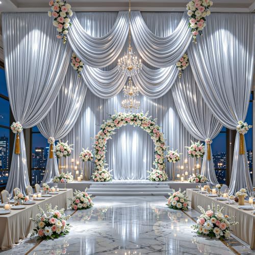 30x10ft Silver Glitter Backdrop Curtain for Parties, Wrinkle Free Satin Photo Backdrop Drapes 6 Panels 5x10FT, alternate view