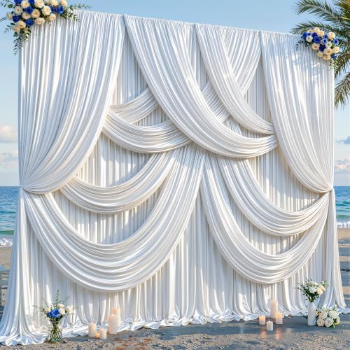 30x10ft White Glitter Backdrop Curtain for Parties, Wrinkle Free Satin Photo Backdrop Drapes 6 Panels 5x10FT
