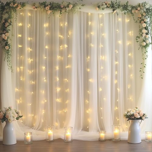 30x10ft White Tulle Backdrop Curtain with Lights String for Parites, Sheer Backdrop Curtains for Wedding Baby, alternate view