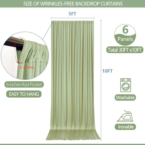 30x10ft Wrinkle Free Sage Green Backdrop Curtain for Parties Soft Fabric Drapes Wedding Curtain Backdrop for, alternate view