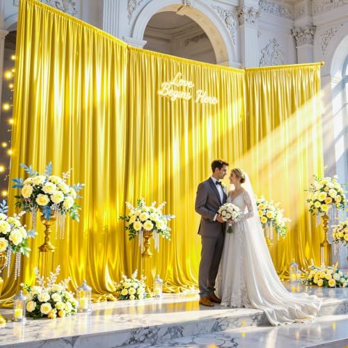 30x10ft Yellow Gold Glitter Backdrop Curtain for Parties, Wrinkle Free Satin Photo Backdrop Drapes 6 Panels, alternate view 2