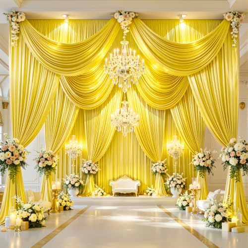 30x10ft Yellow Gold Glitter Backdrop Curtain for Parties, Wrinkle Free Satin Photo Backdrop Drapes 6 Panels, alternate view 3