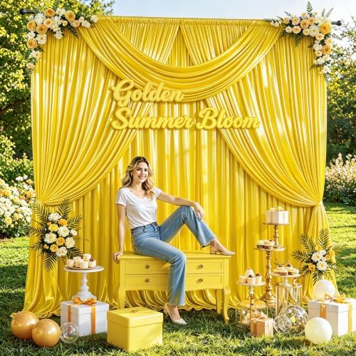 30x10ft Yellow Gold Glitter Backdrop Curtain for Parties, Wrinkle Free Satin Photo Backdrop Drapes 6 Panels, alternate view 6