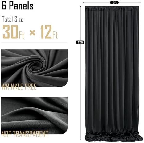 30x12ft Black Backdrop Curtain for Wedding Parties, 6 Panels (5x12 ft Each) Wrinkle-Free Dackdrop Curtains, alternate view 6