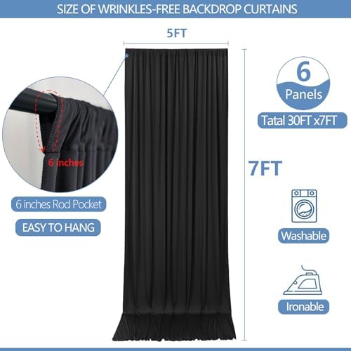 30x7ft Wrinkle Free Black Backdrop Curtain for Parties Soft Fabric Drapes Wedding Black Curtain Backdrop for, alternate view