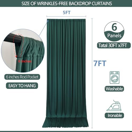 30x7ft Wrinkle Free Hunter Green Backdrop Curtain for Parties Soft Fabric Drapes Wedding Dark Green Curtain, alternate view 4